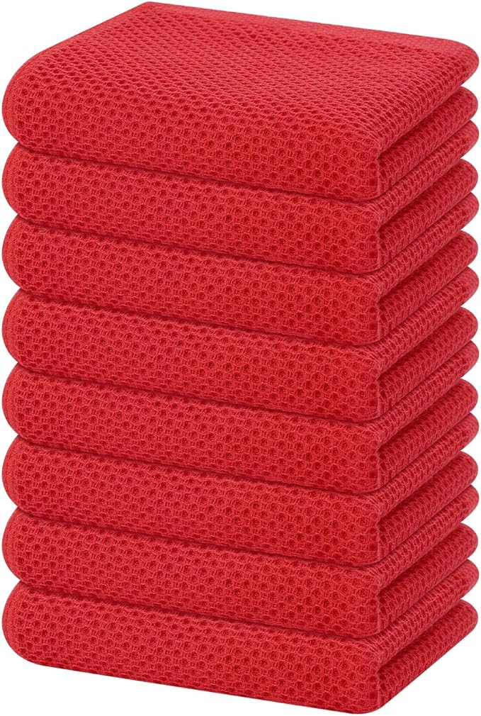 Homaxy 100% Cotton Waffle Weave Kitchen Dish Towels, Ultra Soft Absorbent Quick Drying Cleaning Towel, 13 x 28 Inches, 8-Pack, Red