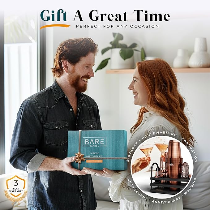 BARE BARREL® Mixology Bartender Kit Bar Set | 14-Piece Cocktail Shaker Set | Martini Barware Mixing Tools for Home Bartending | 35 Recipe Cards | Gift Set (28oz Boston Shaker, Copper/Black)