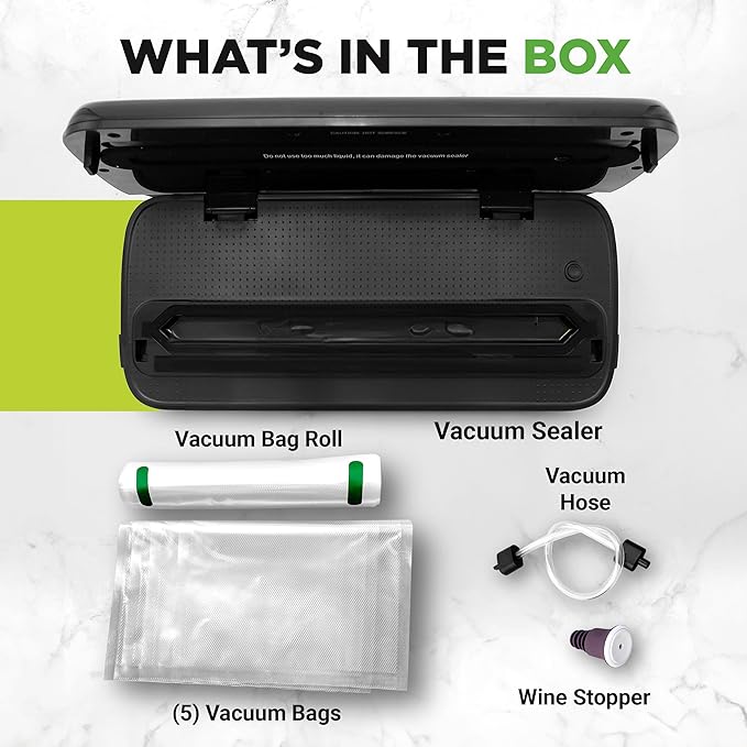 NutriChef Food Vacuum Sealer Machine, Stainless Steel Automatic Air Sealing System for Dry/Moist Foods, LED Touch Controls, Includes Vacuum Hose, Bag Roll and Wine Stopper, 110W Suction Power, 14"x6"