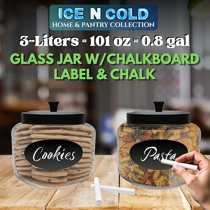 Kitchen and Laundry Storage Glass Jar – Wide Mouth Round Glass Storage Container with Black Steel Lid and Chalkboard Label - 2 Sticks of Chalk Included (6, 3L | 101oz | 0.8 Gallon)