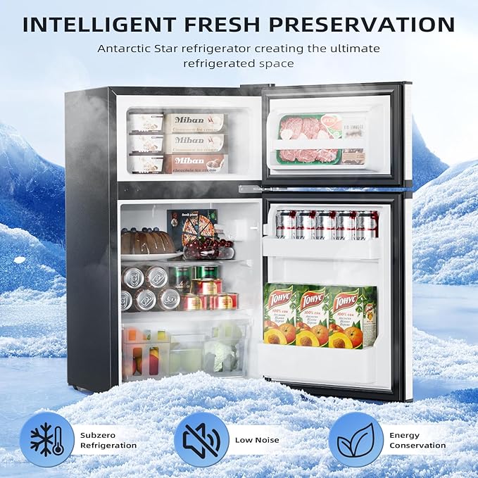 Antarctic Star 3.2 Cu.Ft,Mini Refrigerator with Freezer,Double Door Mini Fridge,Compact Refrigerator,Adjustable Thermostat,Mini Refrigerator for Bedroom/Office/Dorm/Kitchen(Silver)