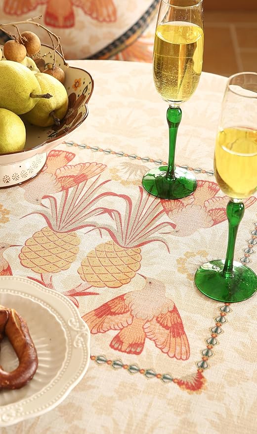 patdrea Designer Orange Tablecloth for Round Tables,Pineapple Tree Pattern Linen Tablecloth,Tropical Style Fruit Table Cover Cloth Decor for Kitchen Dining Christmas,Diameter 55"