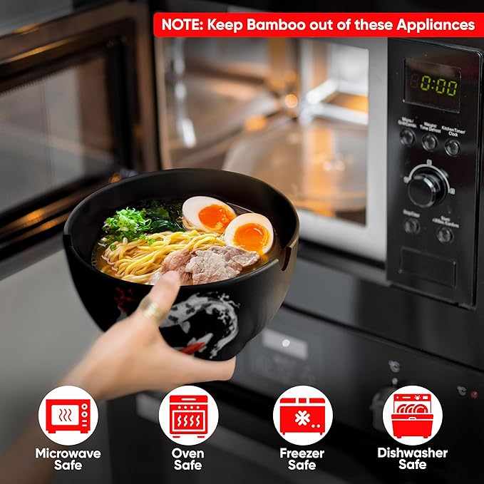 Japanese Ramen Bowl Set of 2-20 Pcs, 32 Oz Ceramic Microwaveable & Dishwasher Safe Large Noodle Bowls with Lid & Built-In Chopstick Holder, Pho, Udon, Thai, Korean, Rice - 6.5 Inch