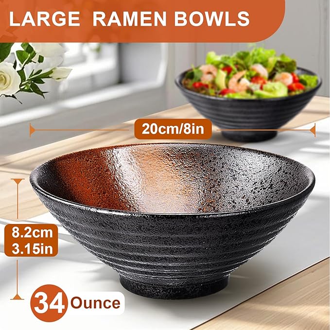 8-Inch Ceramic Ramen Bowl Set of 2 (9 Piece) - Porcelain Japanese Salad Noodles Cereal Fruit Pasta Soup Large Bowls with Recipes Chopsticks Forks Spoons for Men Women Gift Microwave & Dishwasher Safe