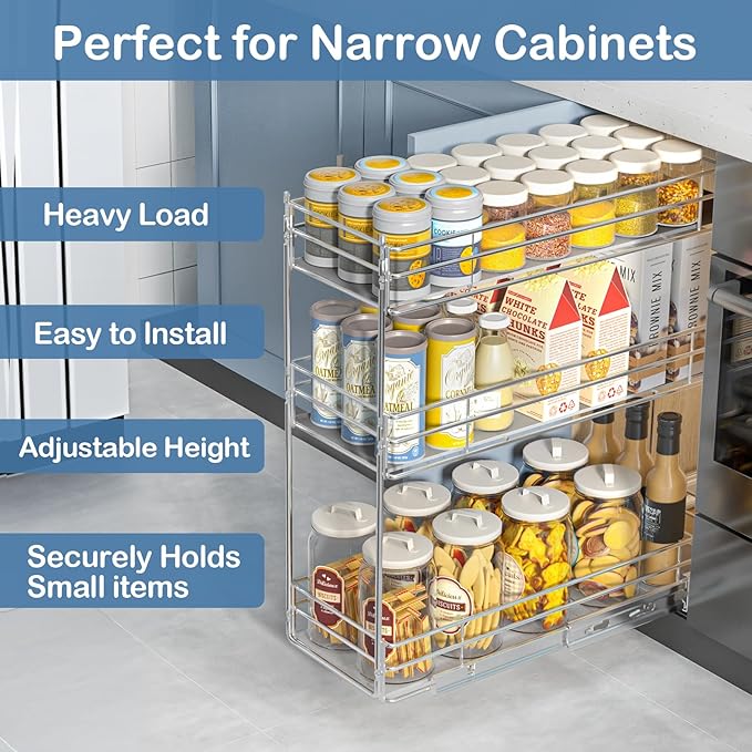 ROOMTEC Pull Out Spice Rack for Narrow Cabinet (8" W X 20½" D),3 Tier Heavy Duty Sliding Spice Cabinet Organization Shelf Racks, Pull Out Shelves Under Cabinet Storage for Kitchen