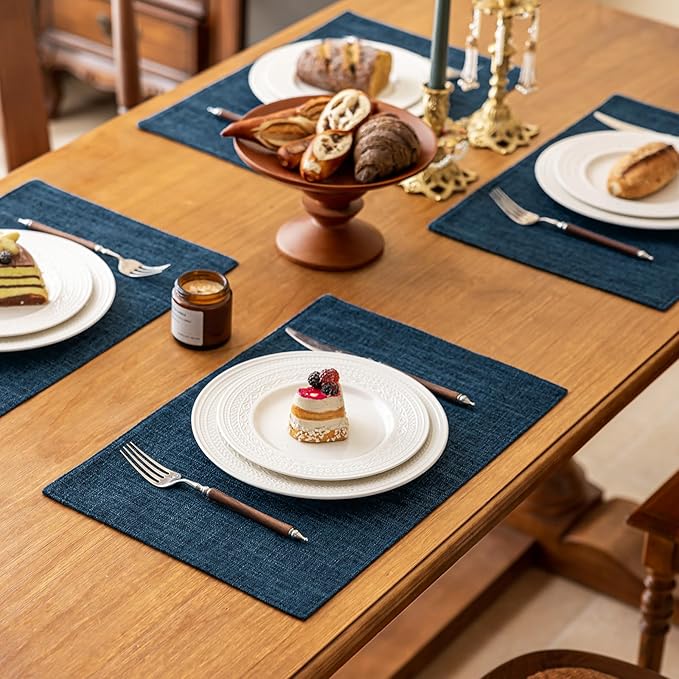 KXN Placemats Set of 4, Dual-Layer Thickened Faux Linen Table Mats, Heat Resistant & Wrinkle-Free, Machine Washable Cloth Place Mats for Kitchen Dining Indoor Outdoor (Navy Blue)