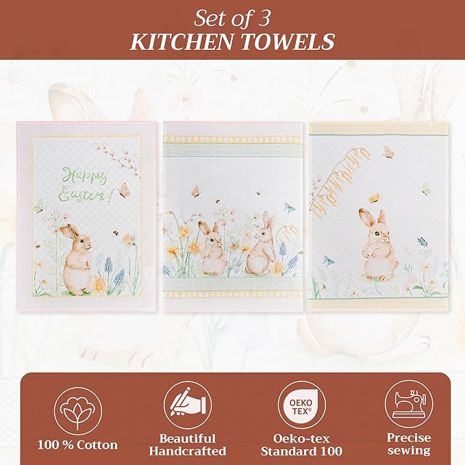 Maison d' Hermine Kitchen Towels Set of 3 100% Cotton 27.50" x 20" Reusable Cloth Tea Dish Towels Absorbent with Hanging Loop for Kitchen, Home, Dining, Cocktail Parties Spring/Summer (Easter Dew)