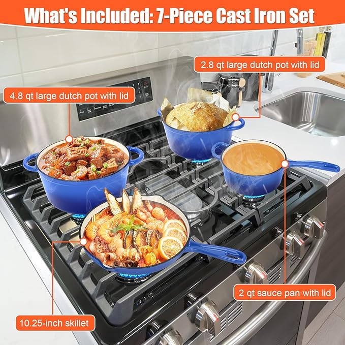 Enameled Cast Iron Cookware Set, 7-Pcs Pots and Pans with Lid, Skillet, Frying Pan, Saucepan & Dutch Oven for All Stovetops, PFA Free - Ideal for Sourdough Bread Baking, Cobalt Blue