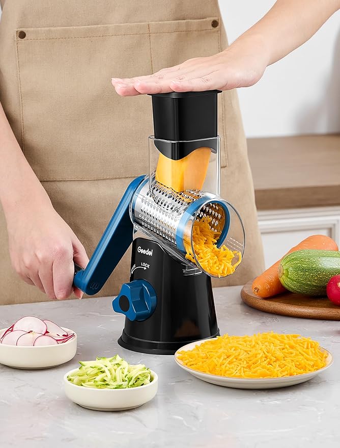 Geedel Rotary Cheese Grater, Kitchen Mandoline Vegetable Slicer with 3 Interchangeable Blades, Easy to Clean Rotary Grater Slicer for Fruit, Vegetables, Nuts