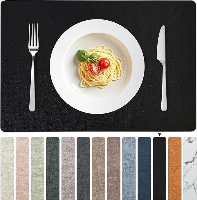 FROMHEART Faux Leather Placemats Set of 4–Waterproof,Heat/Oil Stain-Resistant PU Table Mat–Reversible,Non-Slip,Easy to Clean Place Mats for Kitchen,Dining,Indoor/Outdoor,(Black,11.8" x 17")