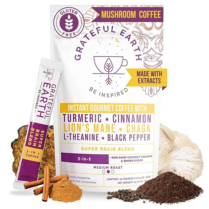 Grateful Earth Mushroom Coffee, Coconut Instant Coffee with Lion’s Mane Mushrooms, Chaga, Turmeric, L-Theanine, Cinnamon, Super Brain Blend For Energy & Immune Support, Dairy & Gluten Free, 20 Packets