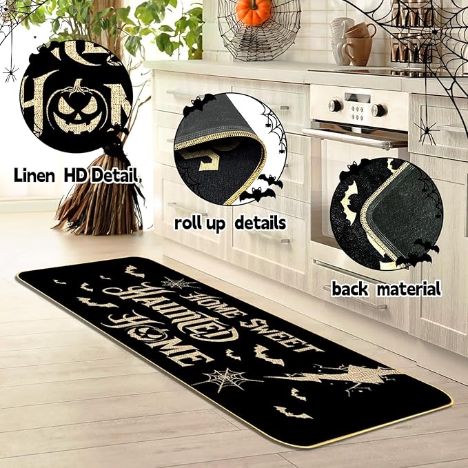 Halloween Kitchen Mat Set, 17"x29"and17 x47 Non-Slip Floor Rugs with “Wizards Welcome Muggles Tolerated” and “Home Sweet Haunted Home” Designs, Indoor Outdoor Spooky Halloween Decor