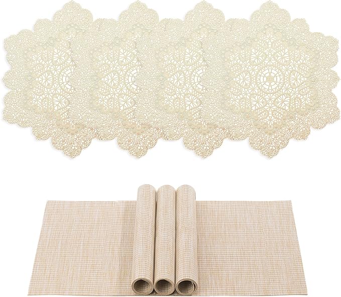 BACKTOEDEN Placemats Set of 4 Heat Resistant Washable Wipeable Placemats Woven Non-Slip Foldable Vinyl/Plastic Placemat Indoor/Outdoor Place Mats Kitchen Dining Table Mats, Gold Snowflake & Beige