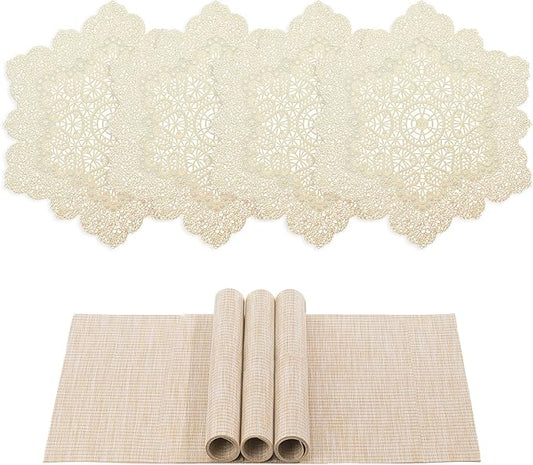 BACKTOEDEN Placemats Set of 4 Heat Resistant Washable Wipeable Placemats Woven Non-Slip Foldable Vinyl/Plastic Placemat Indoor/Outdoor Place Mats Kitchen Dining Table Mats, Gold Snowflake & Beige