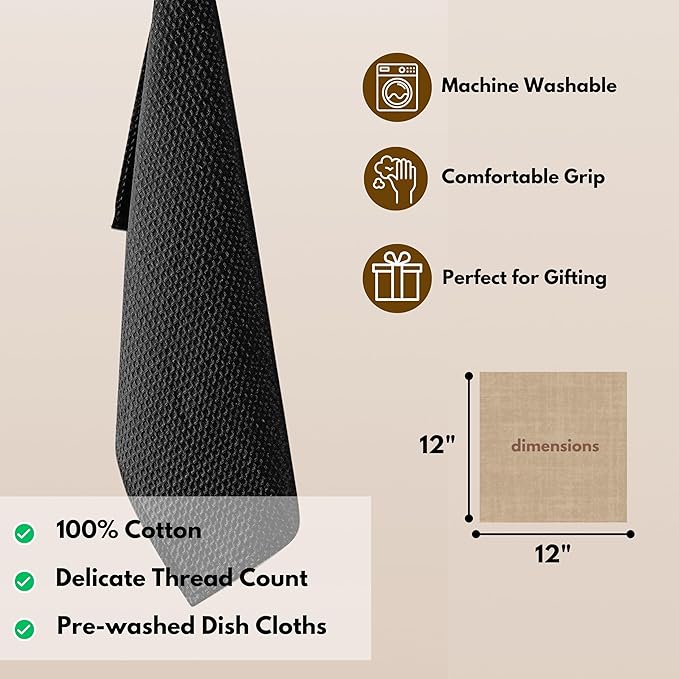 Native Fab 12 Pack Cotton Dish Cloths - Absorbent, Quick Drying, Washable, Durable Towels for Cleaning, Cooking & Baking - Perfect for Everyday Use, Home, Bars, Restaurants - 12x12 Inches - Black