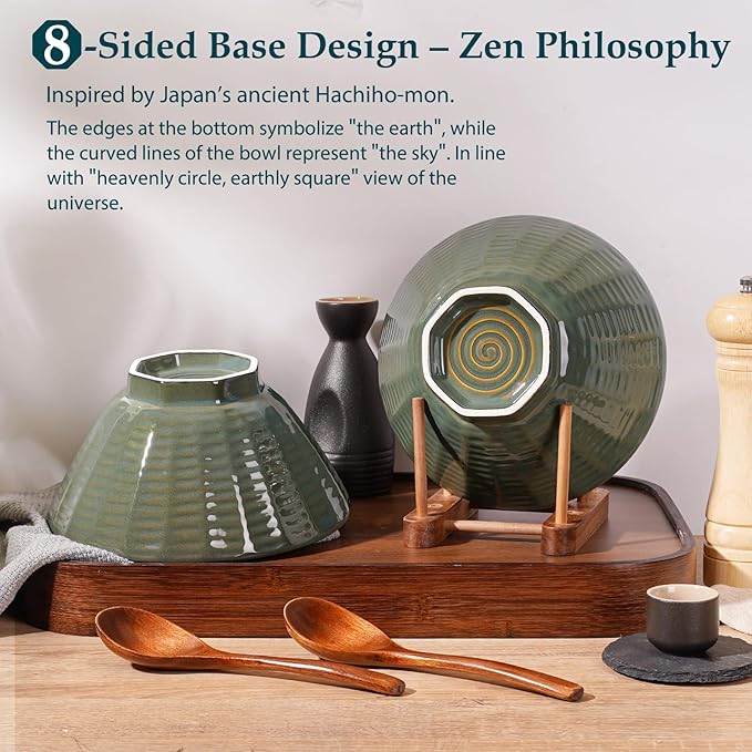 NUTRIUPS Ceramic Ramen Bowl Set of 2 Noodles Bowl with Chopsticks and Spoons, 50oz Large Ramen Bowl- Deep Ocean Green