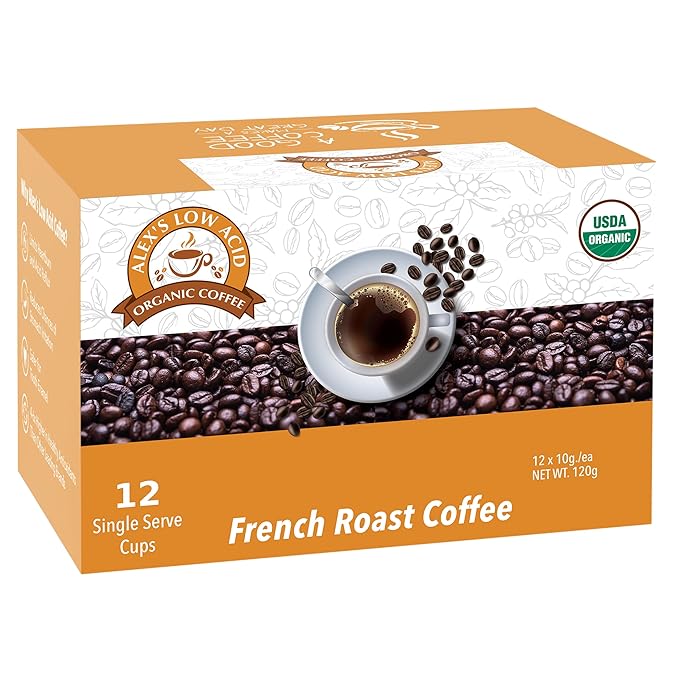 Alex’s Low Acid Organic Coffee | Created to Limit Heartburn, Acid Reflux & Stomach Irritation | French Roast | Pack of 12 K-Cups
