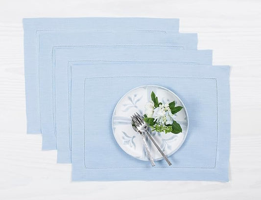 Solino Home Linen Placemats Set of 4 - Classic Hemstitch Sky Blue Placemats 14 x 19 Inch - 100% Pure Linen Table Mats for Christmas, Holiday