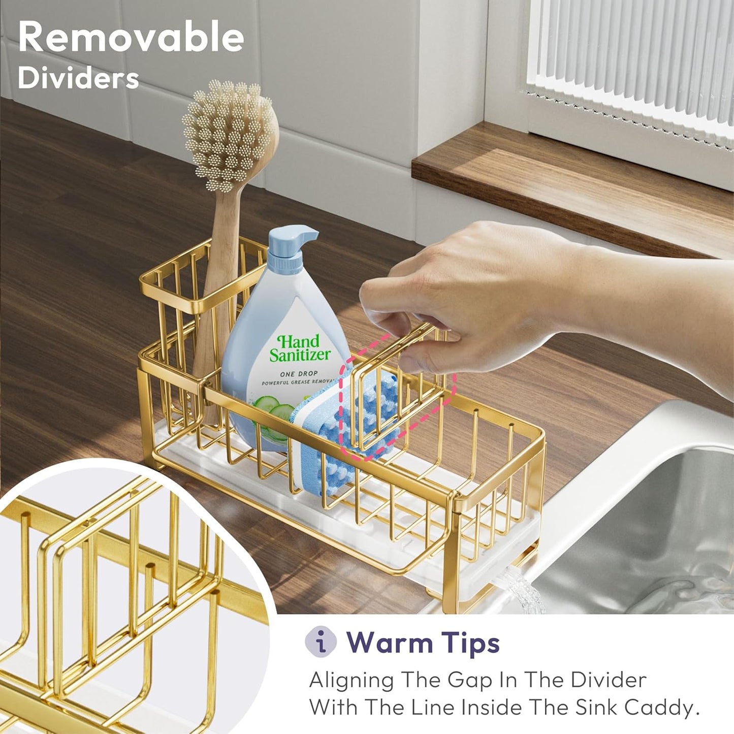 SWTYMIKI Sponge Holder for Kitchen Sink - Sink Caddy with Brush Holder Self-draining Sponge Caddy Organizer with Divider Stainless Steel Kitchen Accessories Storage for Countertop, Gold