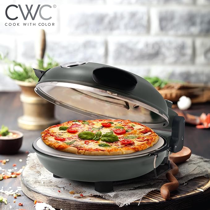 Cook With Color Electric Indoor Pizza Oven – Crispy Crust Countertop Pizza Maker, Heats up to 800˚F, 12 Inch Ceramic Stone, Dual Temperature Control Knobs, Bamboo Peel Included, Gunmetal Grey
