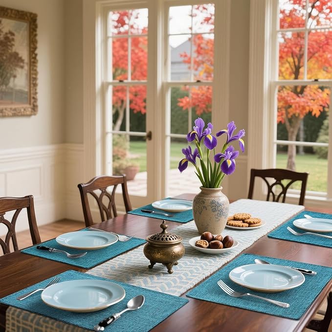 Homaxy Cloths Placemats for Dining Table Set of 8, Heat Resistant Washable Cotton Linen Blend Table Mats, Easy to Clean Place Mats for Indoor Outdoor Party Kitchen Decoration, 13" x 19", Teal