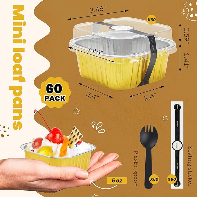 60 Pack Mini Cake Pans with Lids Square Mini Aluminum Pans Pie Tins Flan Containers for Wedding Birthday Party Gift (5OZ, Gold)