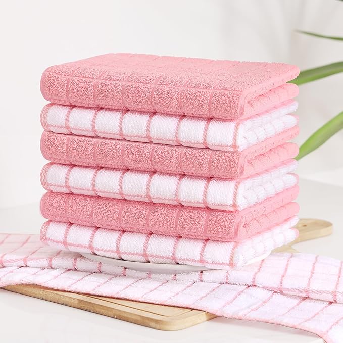 Homaxy Premium Cotton Kitchen Towels 16"x 28", Large Natural Ring Spun 390 GSM Dish Towels, Super Absorbent Terry Kitchen Hand Towels, Soft Tea Towel with Hanging Loop, Pink Check Design, 6 Pack