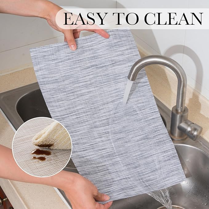 BACKTOEDEN Placemats Set of 8 Heat Resistant Washable Wipeable Placemats Woven Non-Slip Foldable Vinyl/Plastic Placemat Indoor/Outdoor Place Mats Kitchen Dining, Gray Silver Line