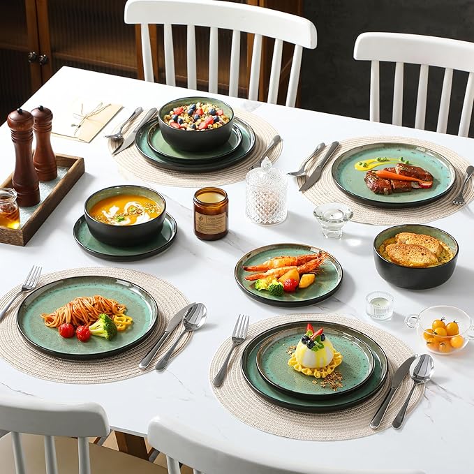 vancasso Plates and Bowls Sets, 24 Pieces Stoneware Dinnerware Sets for 8, Kitchen Dish Set Mircowave and Dishwasher Safe Dinner Set Ceramic Dishware, Turf Green, Series AMBER