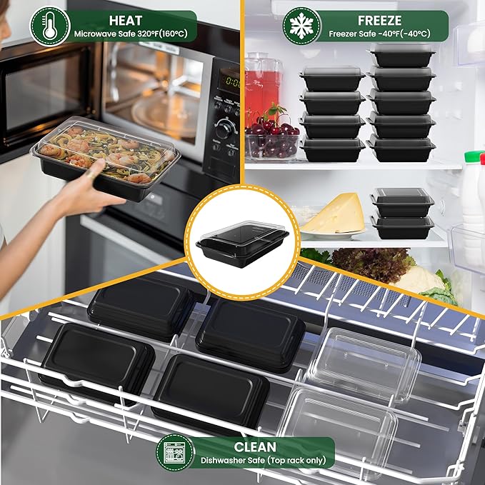 28oz Meal Prep Containers [50-Pack], Reusable Bento Box with Easy-Snap Leakproof Lids - Microwave, Dishwasher & Freezer Safe Food Storage, BPA-Free Plastic Lunch Containers (Black)