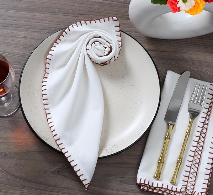 Bedding Craft Cotton Cloth Dinner Napkins Set of 12 – 18x18 Chili Oil Red Cloth Napkins with Blanket Stitch Selvedge – Washable Fabric Napkins for Wedding Tables, Banquets, Parties & Restaurants