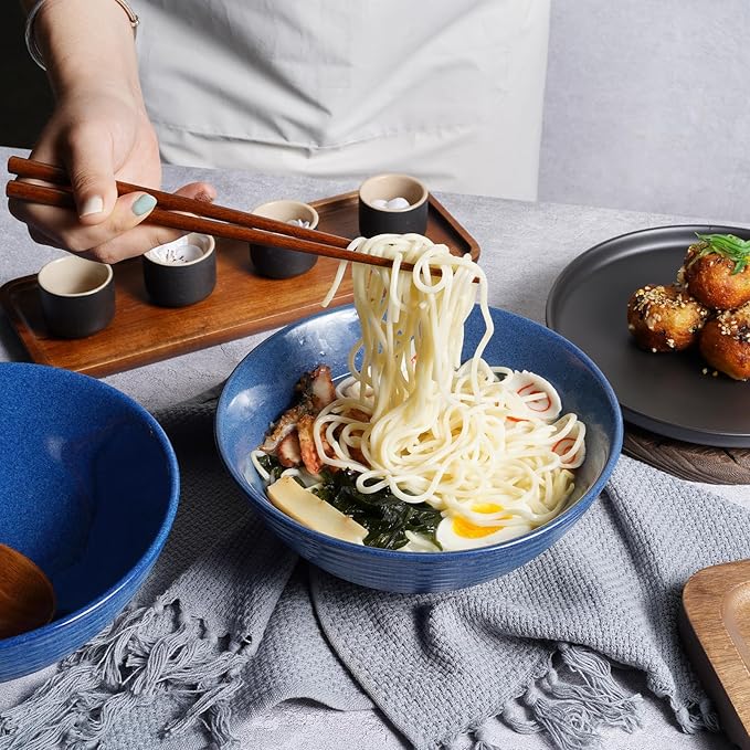 NUTRIUPS 8 Inch Ceramic Ramen Bowl Set of 2 Pho Bowls 40oz Japanese Noodle Udon Soup Bowls with Spoons and Chopsticks (Sapphire Blue)