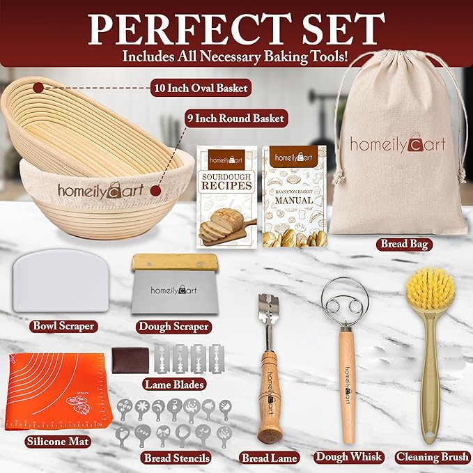 Banneton Bread Proofing Basket Set - 9" Round & 10" Oval Rattan Sourdough Proofing Basket and Sourdough Bread Baking Supplies for Home Bakers