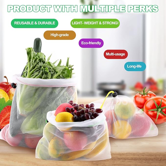 20 Pack Reusable Produce Bags,Mesh Produce Bags Washable,See-Through Vegetables Fruits Bag,Premium Strength Toy Storage Mesh Bags with Drawstring for Fruits Vegetables Fridge Storage Toys,3 Sizes