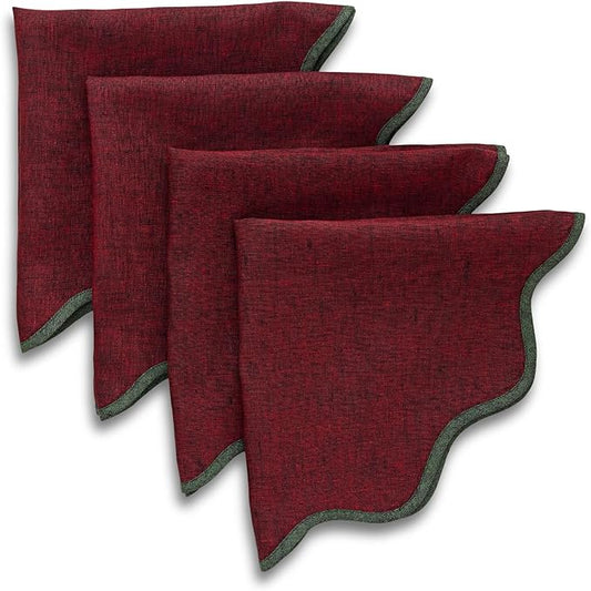 Solino Home Linen Scallop Cloth Napkins Set of 4-100% Pure Linen Forest Green and Red Garnet Dinner Napkins 20 Inch for Fall, Thanksgiving - Giselle Scallop Edge, Handcrafted and Machine Washable