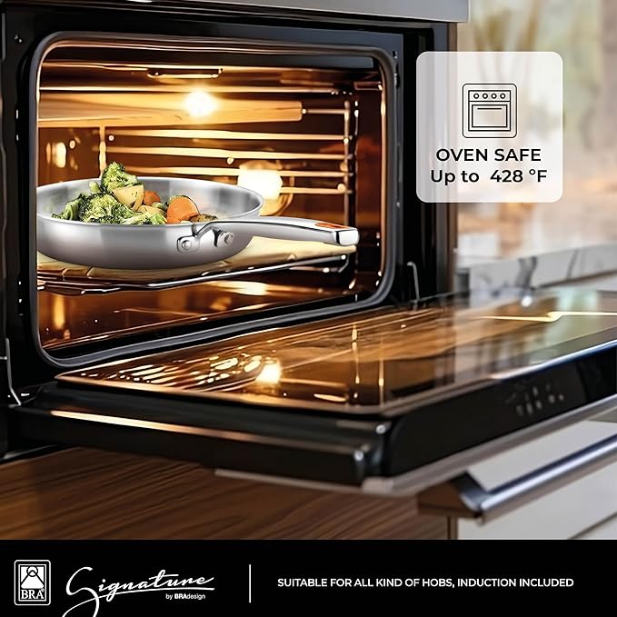 BRA COOKWARE Signature 12 Piece Cookware Set | Stainless Steel Professional Kitchenware Set | 2 Pots, 1 Sauté Pan, 3 Frying Pans, 1 Saucepan, 1 Colander, 4 Lids | All Stovetop Compatible | PFOA Free