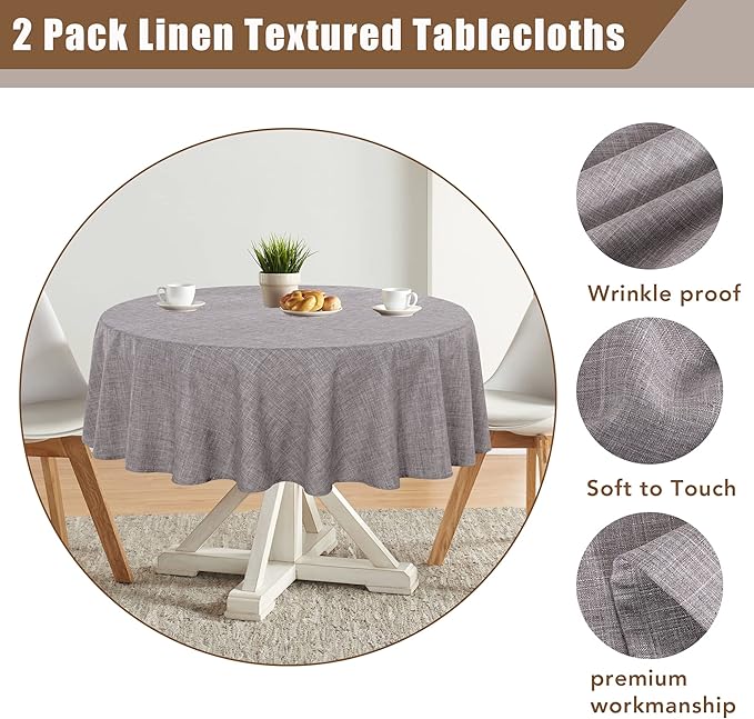 Fitable Linen Textured Tablecloths 60 Inches Round - 2 Pack Faux Burlap Table Clothes for Kitchen, Dining Room, Party, Farmhouse, Outdoor (Great for 20"-48" Round Tables, Stone)