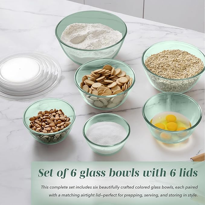 COOK WITH COLOR 12 Pc Glass Mixing Bowl Set with Lids – Borosilicate Glass Nesting Bowls for Cooking, Baking and Meal Prep, Colored Green