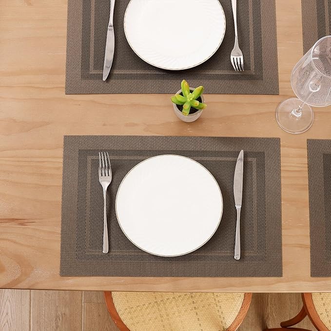 SHACOS Placemats Set of 4 Wipe Clean PVC Place Mats for Dining Table Heat Resistant Woven Vinyl Table Mats Indoor Outdoor (4, Frame Brown)