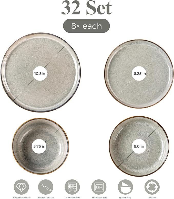GBHOME 32 Pieces Double Bowls Ceramic Dinnerware Sets for 8, Stoneware Plates and Bowls Set with Reactive Glaze, Scratch Resistant Stoneware Dishes Set, Dishwasher & Microwave Safe