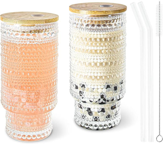 2 Pcs 16 oz Glasses Cups Set with Bamboo Lids Straws Brush Hobnail Glassware Set for Juice Iced Coffee Beer and Cocktail Whiskey(Hobnail*2)