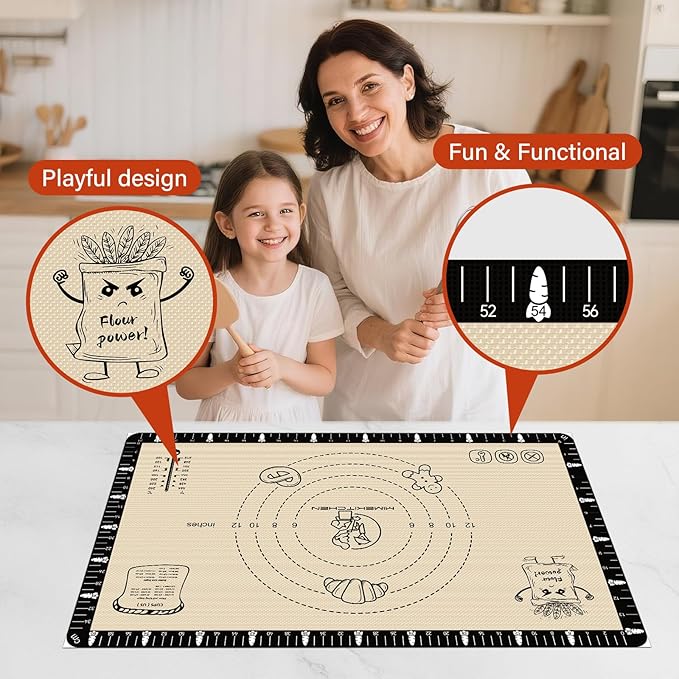 Silicone Baking Mat with Recipes, Silicone Mat for Baking Macaron, Bread, Pizza, Extra Thick Silicone Baking Mat with Measurement, Non Stick Pastry Mat for Dough Rolling Out