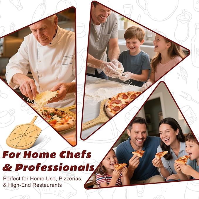 Wooden Pizza Peel 16 Inch, Large Bamboo Pizza Paddle Spatula - Serving Board, Wood Pizza Cutting Boards with 8 Slice Grooves and Handle for Kitchen Oven Pastry Pizzas