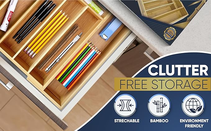 Expandable Bamboo Silverware Organizer Utensil Drawer Organizer Kitchen Utensil Organizer Cutlery Drawer Organizer 5-7 Slot Flatware Organizer For Drawers Gift Box 10-15 inch Length 14 Inch Height