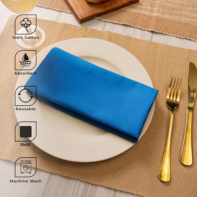 Blue Needles Solid Cloth Napkins Set of 12 Royal Blue 100% Cotton Dinner Napkins 18x18 inches - Soft, Reusable, Absorbent & Washable Fall Thanksgiving Linen, Ideal for Events, Parties & Everyday Use
