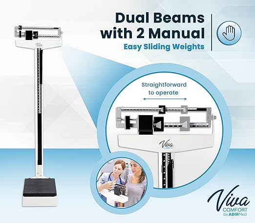AdirMed Mechanical Physician Scale with Height Rod - Manual Measuring Scale - Eye-Level Display Dual Reading Die-Cast Beam with Two Sliding Weights & Retractable Height Rod