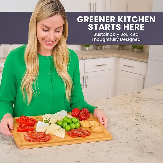 Bamboo Cutting Board – 15 Inch Wood Cutting Boards for Kitchen with Glue-Free Surface™ & Juice Groove – Non-Toxic, FSC-Certified, Durable Wooden Chopping Board - Rectangle