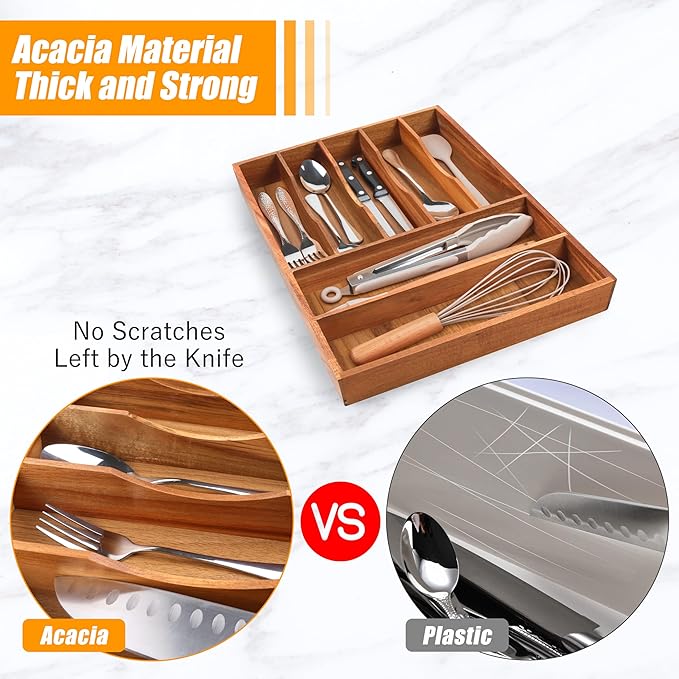 Bellsal Bamboo Silverware Organizer, 12"x15.7" Utensil Holder Cutlery Tray with Grooved Drawer Dividers for Kitchen Flatware, Bedroom, Office (7 Slot, Acacia)
