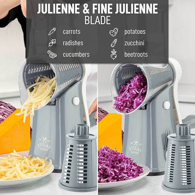 Zulay Kitchen Rotary Cheese Grater 5 Blade Cheese Shredder - Manual Hand Crank Cheese Grater With Reinforced Suction & 5 Interchangeable Drums - Easy to Use, Vegetable Chopper Round Mandoline Slicer