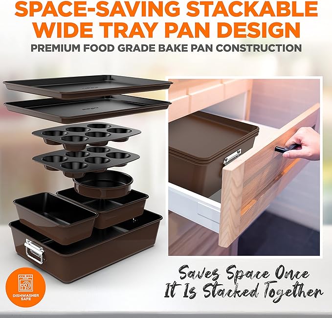 NutriChef 8-Piece Nonstick Stackable Bakeware Set - PFOA, PFOS, PTFE Free Baking Tray Set w/Non-Stick Coating, 450°F Oven Safe, Round Cake, Loaf, Muffin, Wide/Square Pans, Cookie Sheet (Brown)